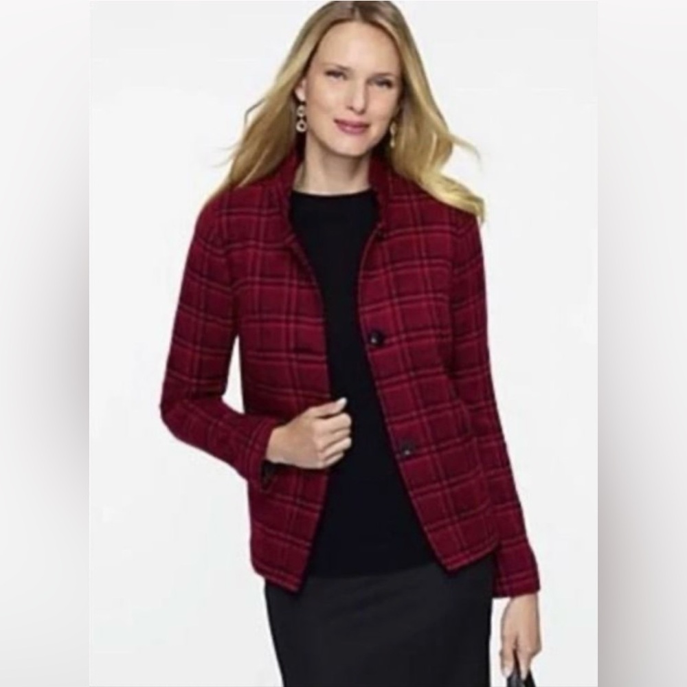 TALBOTS Plaid Wool Blend Triple Button Closure Blazer Jacket in Red Black Size 2